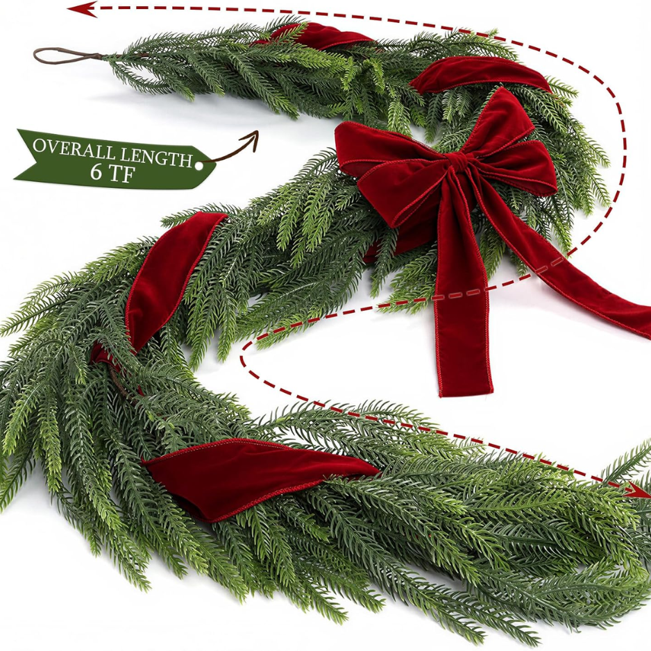 Christmas Decor  6FT Norfolk Pine Garland With Ribbon Bows Red Velvet photo 4