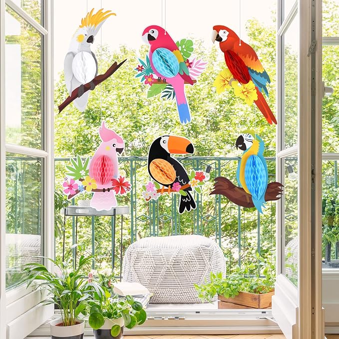 6-Piece Tropical Parrot Honeycomb Paper Birds Hawaiian Luau Beach Summer Party Decorations photo 4