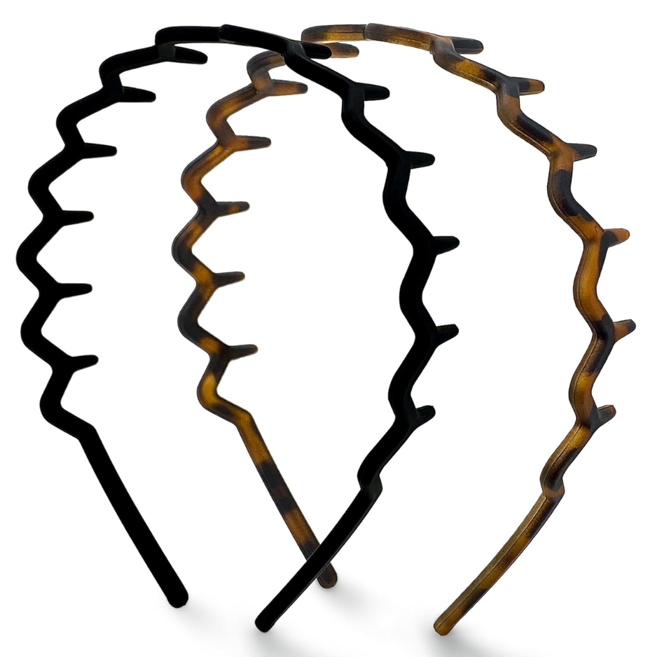 2PCS Zig Zag Headbands For Women, Black & Tortoise Pattern Hair Bands, Non-Slip Stretch Hair Accessories photo 1