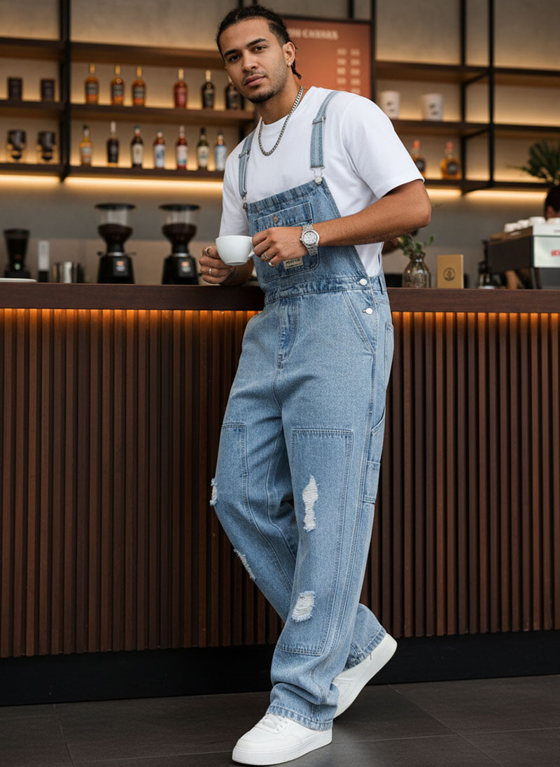Distressed Light Blue Denim Overalls Men Ripped Loose Fit Vintage Streetwear Bib Overalls US Stock photo 2