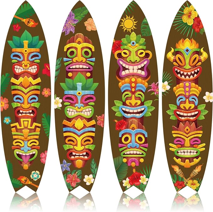 4-Piece Wooden Surfboard Wall Decor Tropical Beach Hanging Signs For Hawaiian Luau Home And Party Decoration photo 1