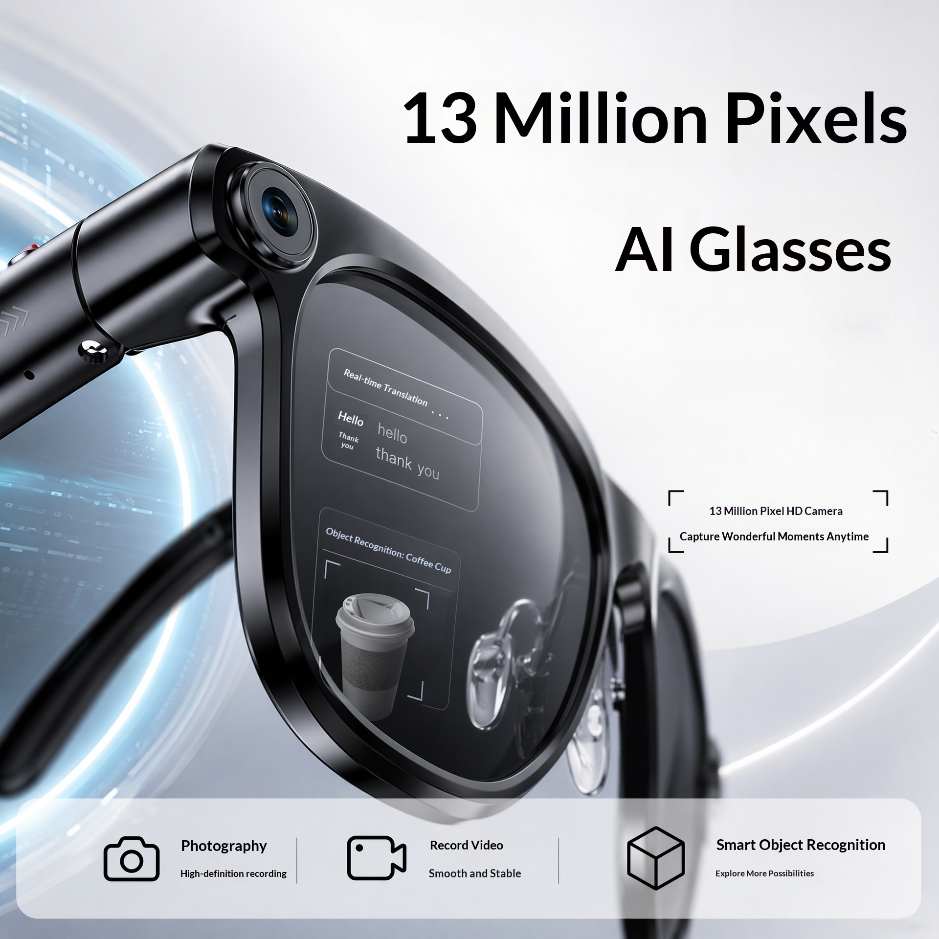 AI Smart Glasses, 1300 MP High Definition Camera, Anti Shake Shooting, Object Recognition Multi Functional Eyeglasses photo 1
