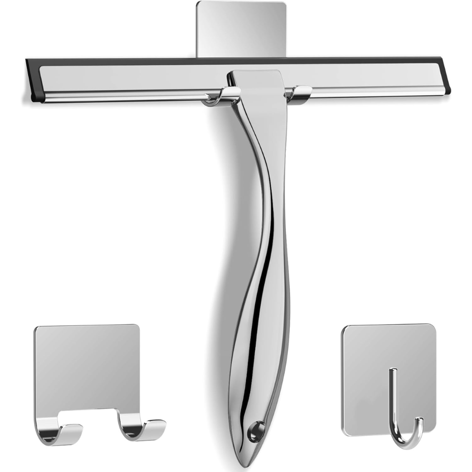 Stainless Steel Shower Squeegee 10 Inch With 2 Adhesive Hooks, Silver Glass Cleaner For Shower, Windows, Mirrors, Tile And Car photo 1