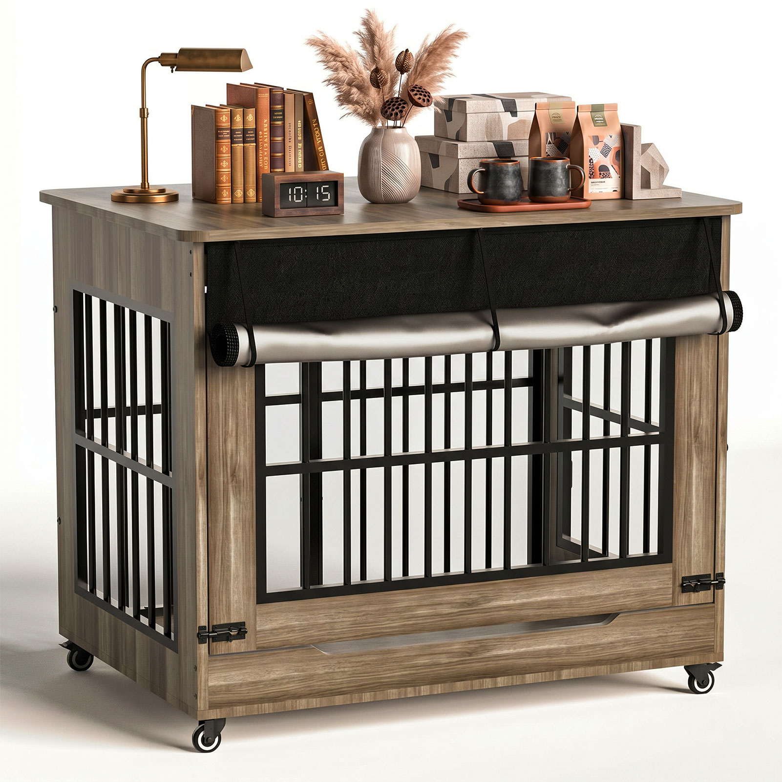 42in  Large Dog Crate Furniture, Double Door Wooden Indoor Dog Kennel Furniture, Decorative Pet Cage End Table With Wheels For Large Breed Dogs, Size XL, Greige photo 2