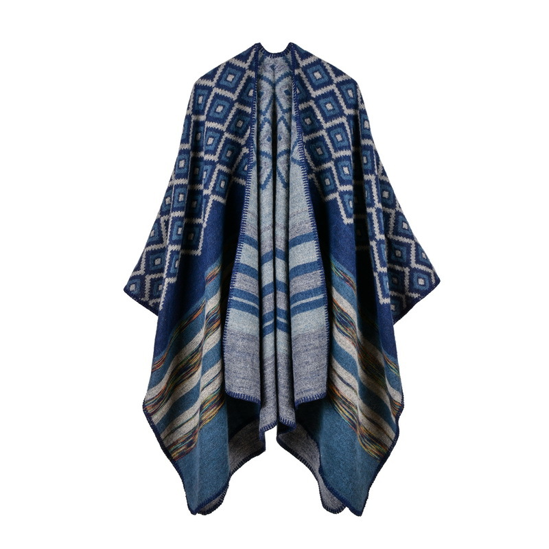 Women's Rhombus Color Striped Shawl, Women's Double-Sided Wearable Outdoor Travel Poncho photo 2