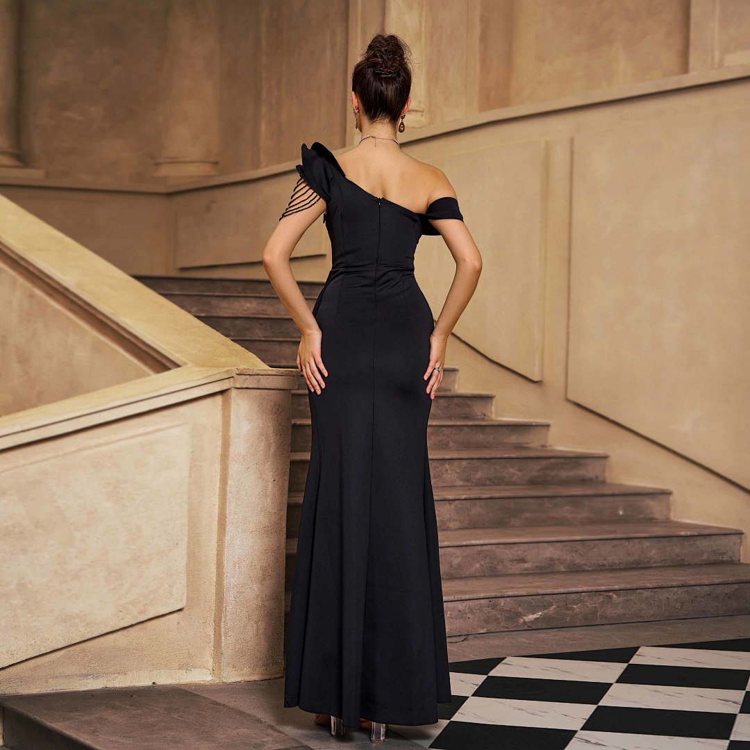 One-Shoulder Evening Gown With Beaded Arm Detail photo 3