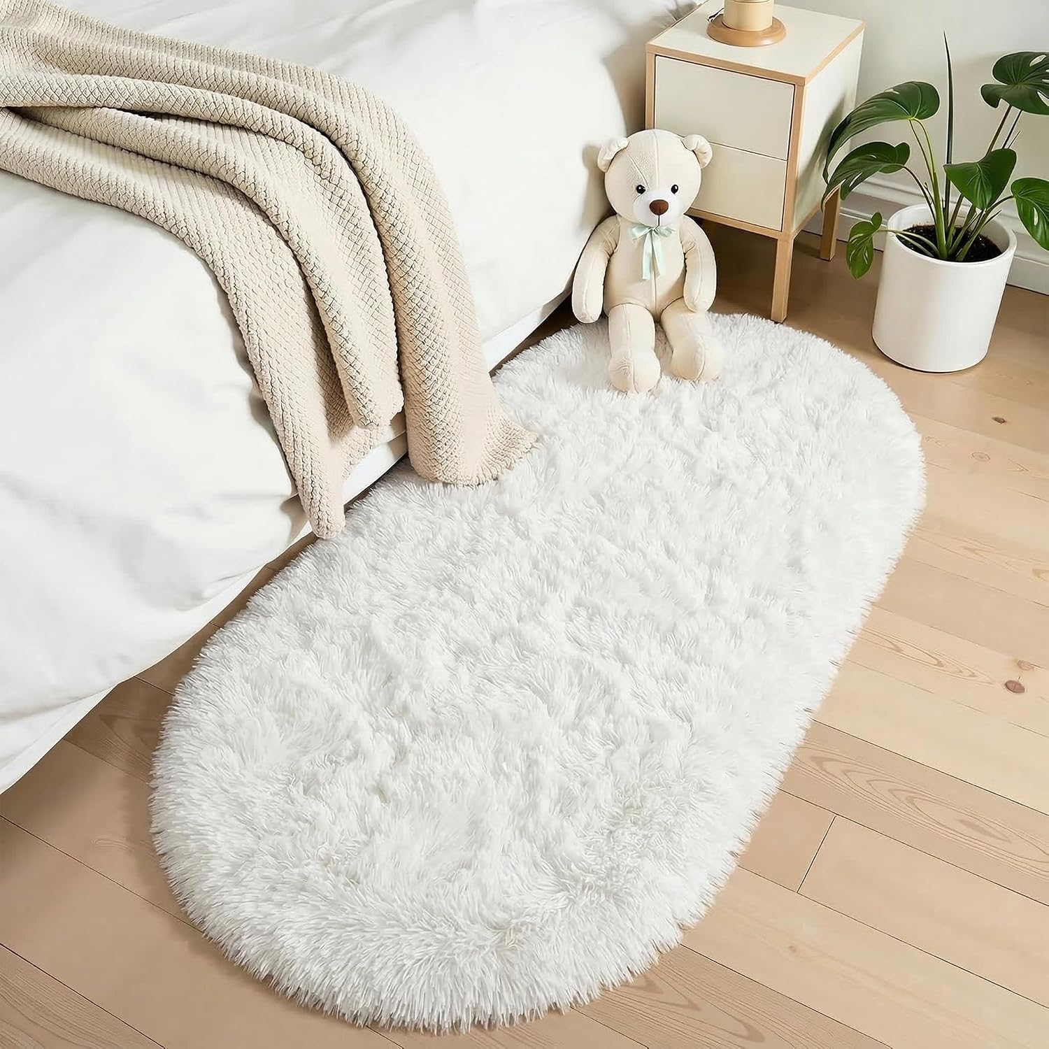 Ivory Fluffy Oval Rug 2.6x5.3 Ft, Soft Washable Area Rug For Bedroom, Living Room, Nursery And Home Decor photo 1