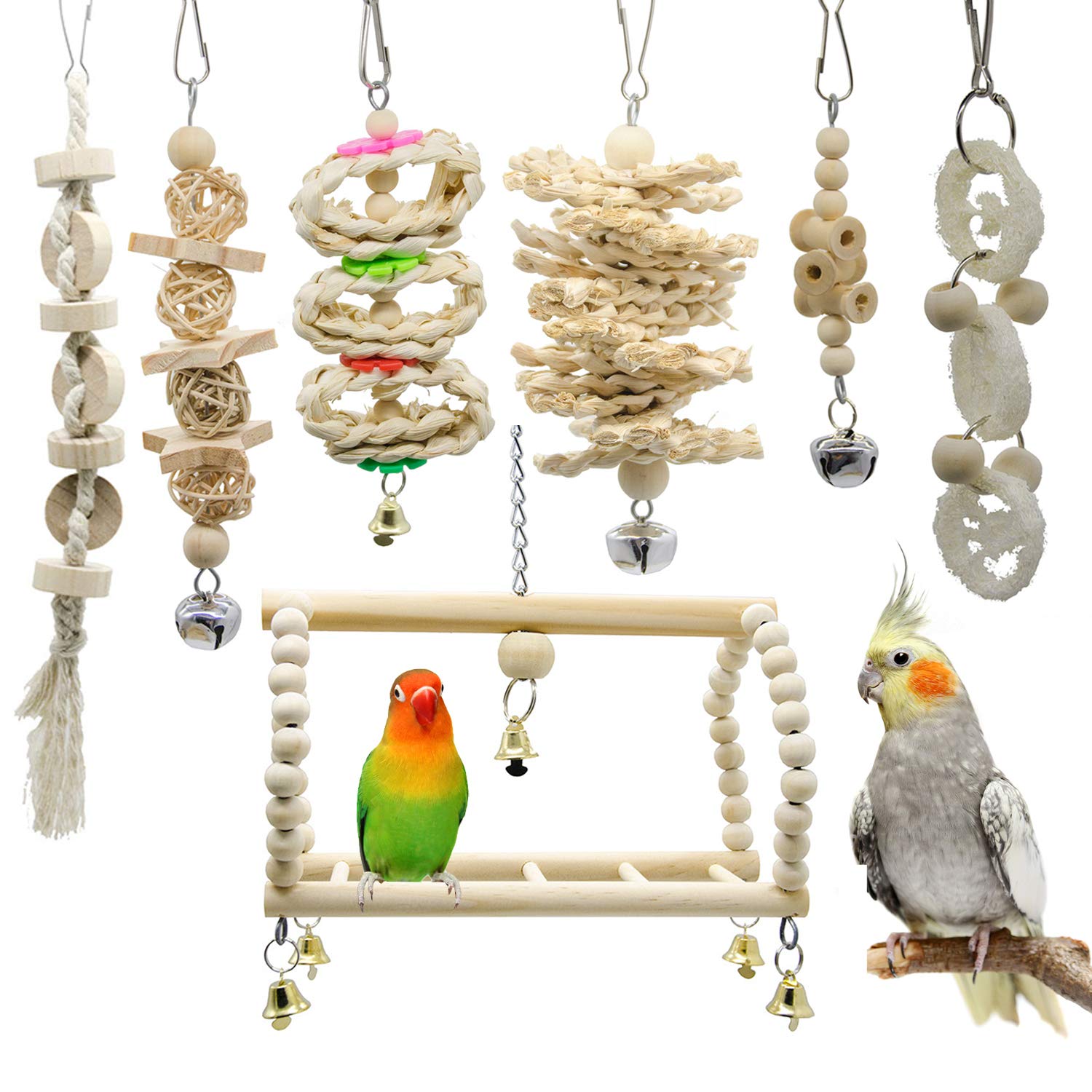 7 Packs Bird Parrot Swing Chewing Toys-Hanging Bell Bird Cage Playing Toys Hanging Rope And Clip Design, Suitable For Small Parakeets, Cockatiels, Conures, Finches,Budgie,Macaws, Parrots, Love Birds photo 1