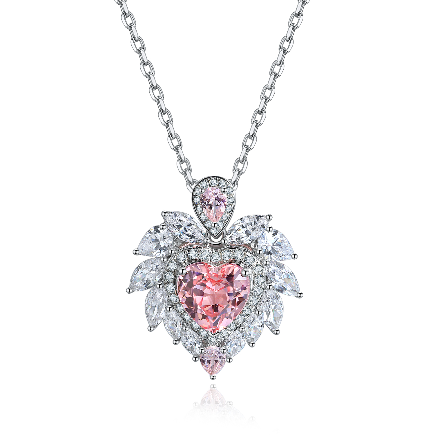 S925 Silver 4.3g Heart Lab-Created Gemstone Necklace, 7mm 5 Colors, 40&5cm photo 4