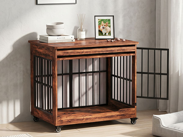 32in  Dog Crate Furniture, Double Door Wooden Indoor Dog Kennel Furniture, Decorative Pet Cage End Table With Wheels For Medium And Small Breed Dogs, Size M, Greige photo 4