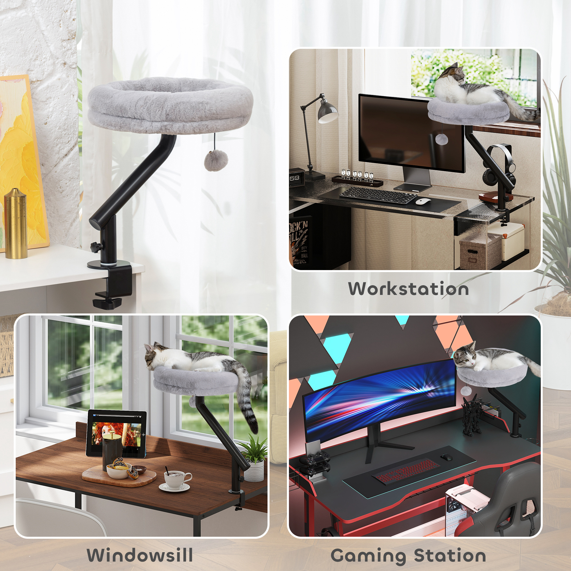 Cat Desk Bed, Cat Hammock 360degrees Rotatable Adjustable For Window, Table, Work, Grey photo 3