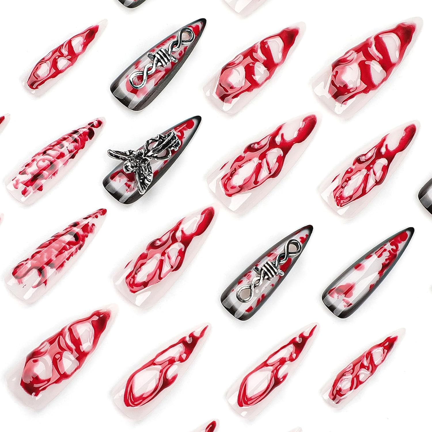 24Pcs Extra Long Teardrop Press On Nails, 3D Blood Red Terror Angel Design Fake Nails, Halloween Gothic Scary Wearable Nail Art For Women photo 2