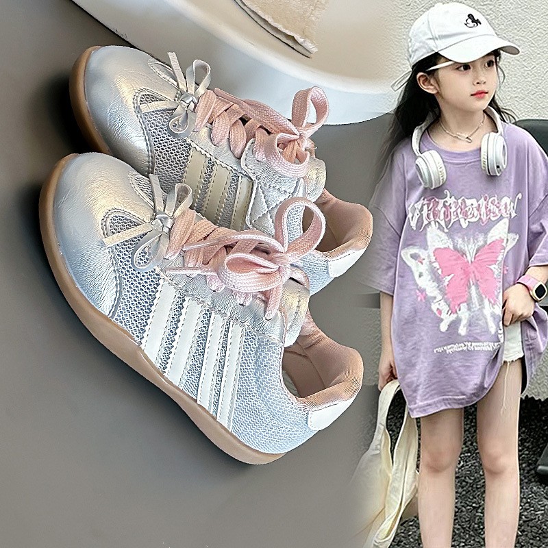 2026 Spring New Girls German Trainers, Korean Style Bow Decor Stylish Genuine Leather Thin Sole Kids Casual Sneakers photo 1