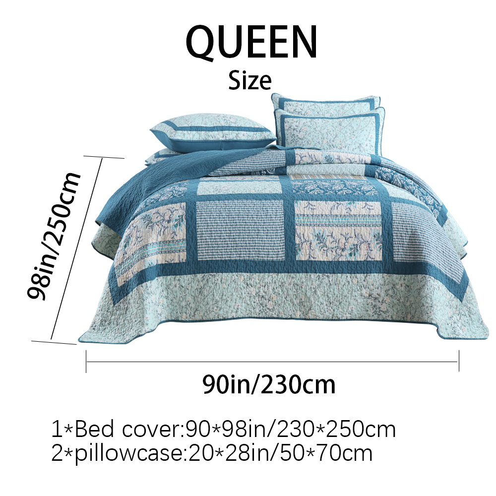 90x98 & 98x106 3 Piece Teal Blue Patchwork Quilt Comforter Set Paisley Floral Stripe Print Handmade Patchwork Quilted Bedspread Cotton Filled Reversible Coverlet Non-Slip Anti-Wrinkle Easy Care photo 2