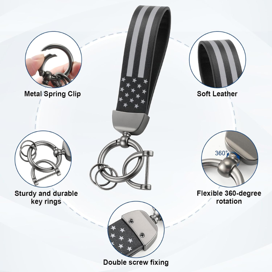 Leather Keychain, American Flag Car Keychain With Anti-Lost D-Ring And 2 Key Rings, Key Chain For Men photo 2