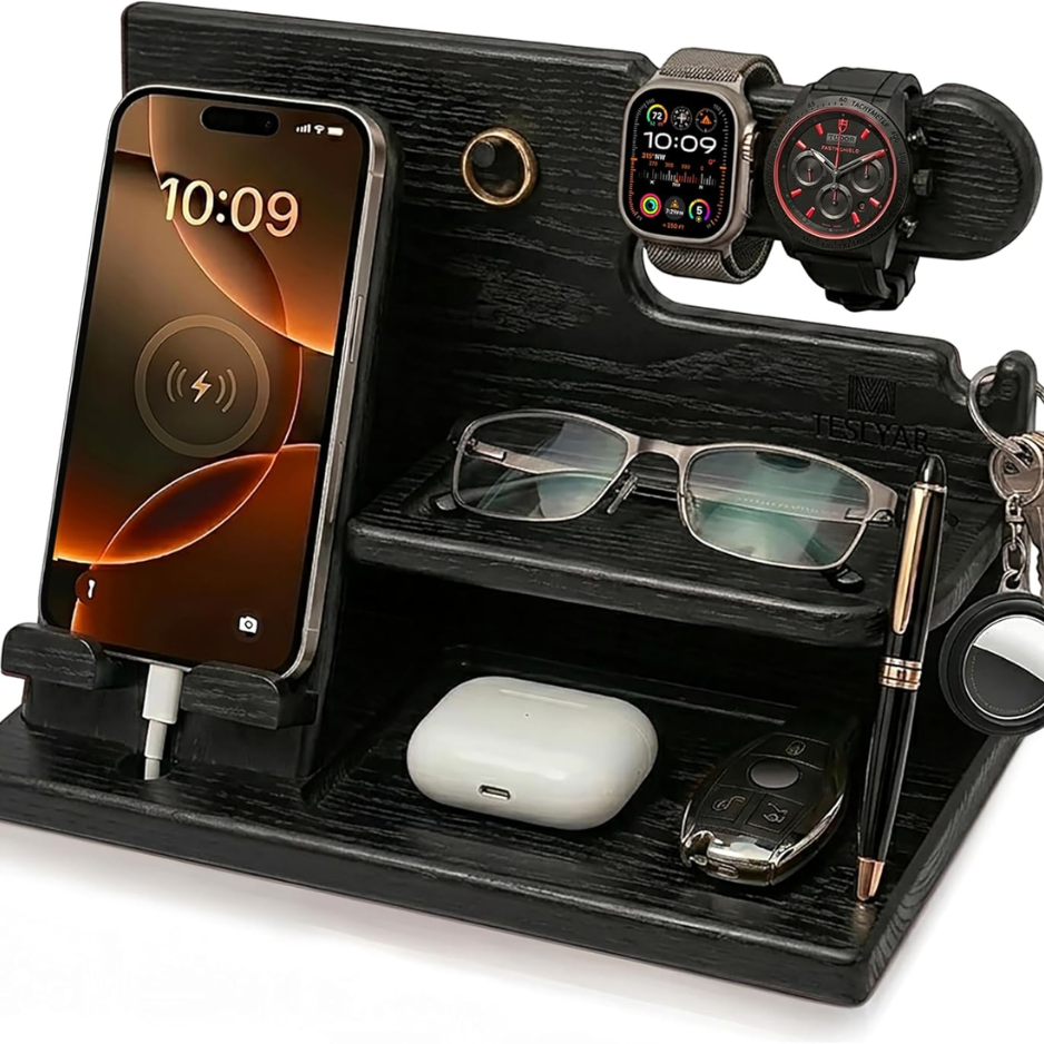 TESLYAR Wood Phone Docking Station For Men - Desk Or Nightstand Organizer - Birthday Gifts For Husband, Dad - Anniversary Idea From Wife - Key Holder, Stand Wallet, Watch, Essentials photo 2