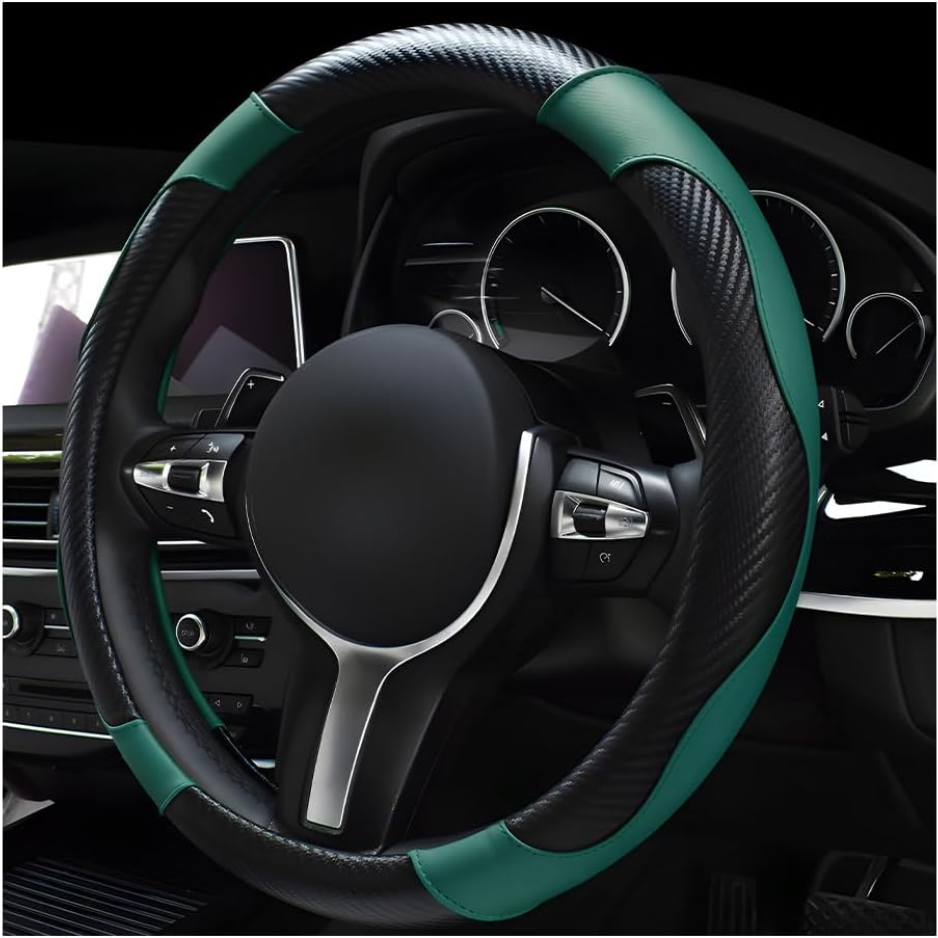 Car Steering Wheel Cover, 15 Inch Leather Breathable Auto Steering Wheel Protector, Comfortable Non-Slip Vehicle Steering Wheel Covers, Universal Car Accessories Dark Green, With Lining photo 1