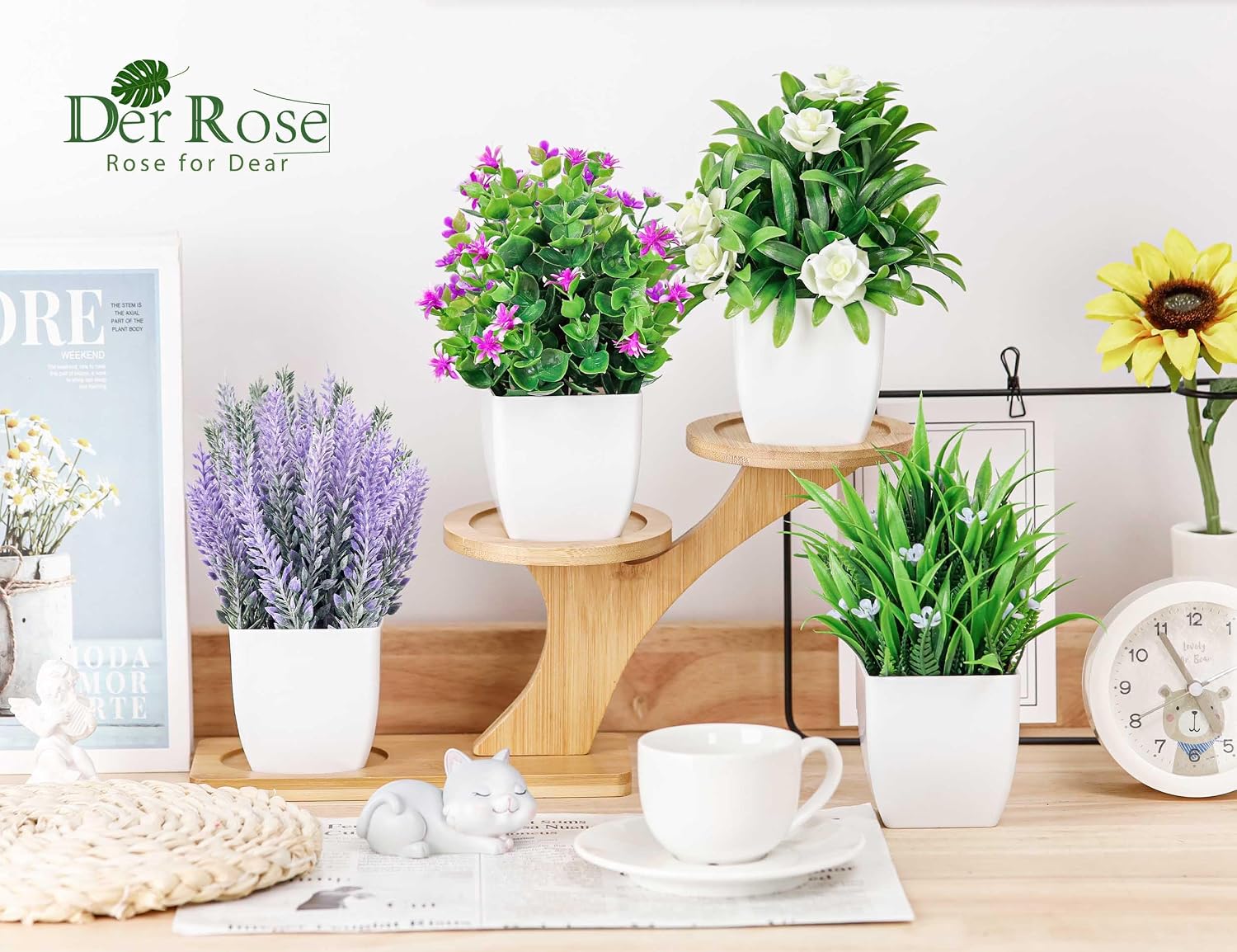 Artificial Plants With Small Flowers 4 Units, Faux Indoor Plants For Office, Bedroom, Desk, Shelf And Home Decor photo 3