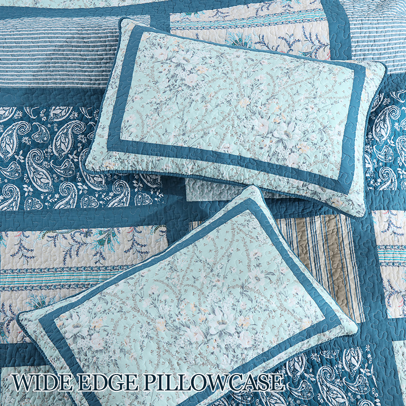 90x98 & 98x106 3 Piece Teal Blue Patchwork Quilt Comforter Set Paisley Floral Stripe Print Handmade Patchwork Quilted Bedspread Cotton Filled Reversible Coverlet Non-Slip Anti-Wrinkle Easy Care photo 5