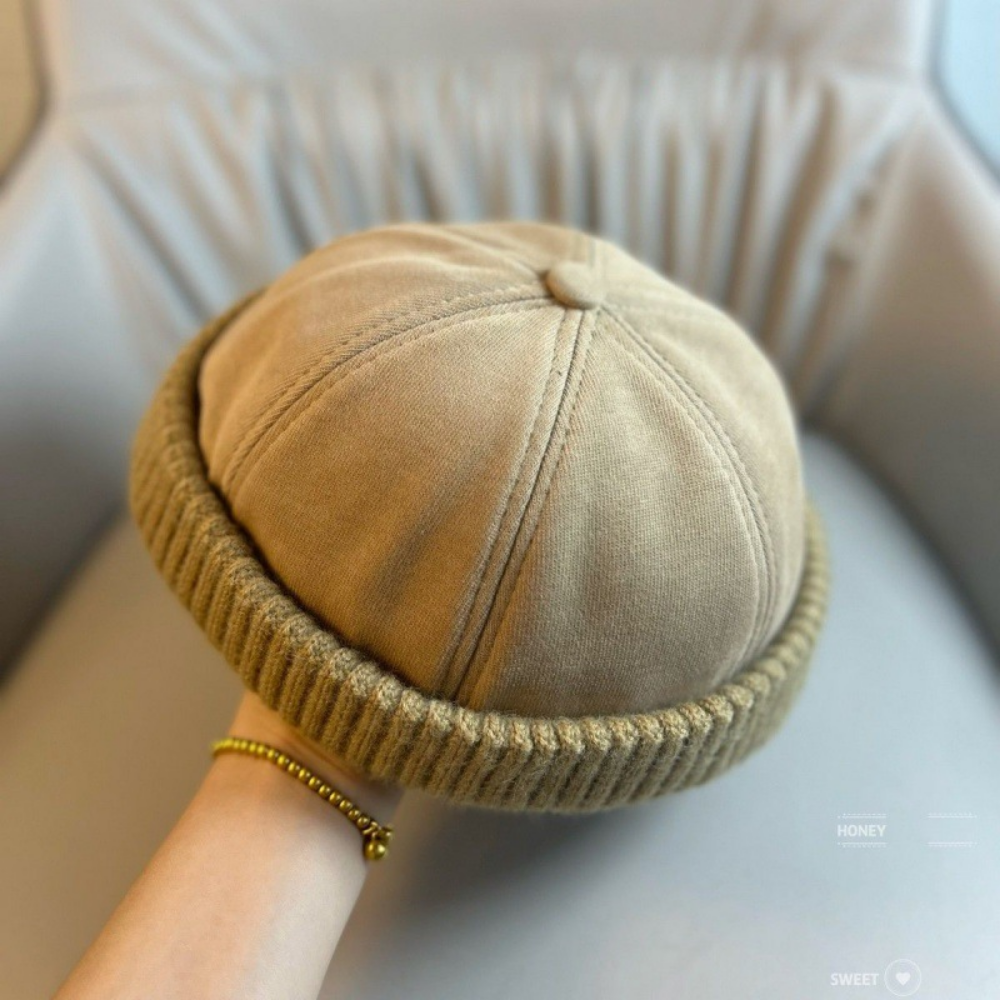 Patchwork Knitted Rolled-edge Vegetable-pulp Hat For Autumn And Winter, Made Of Cotton, With A Retro And Simple Design, Suitable For Workwear, Without A Brim, For A Lord-like Look photo 4