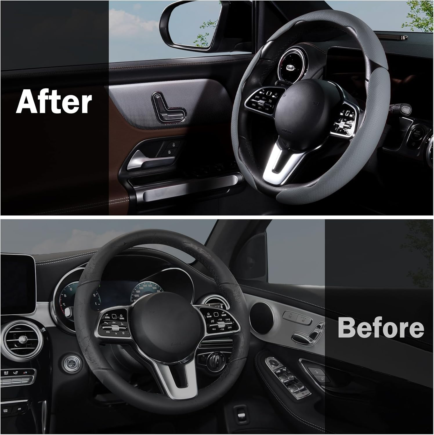 Car Steering Wheel Cover - Leather Snap-on - 3-piece Set - Anti-slip Protection Cover - Steering Wheel Accessory - Universal Style - Gray photo 1