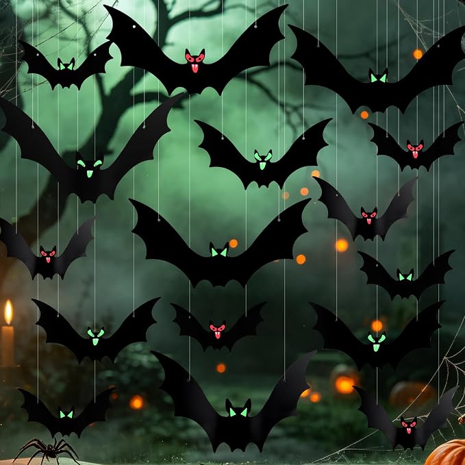 16-Piece Halloween Hanging Bat Decorations With Glowing Eyes For Indoor And Outdoor Spooky Party Decor photo 1