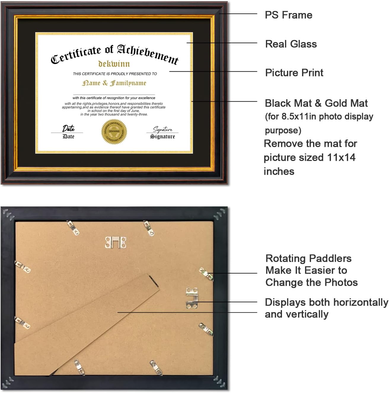 Diploma Frame 8.5x11 With Mat Or 11x14 Without Mat, Black Gold Certificate Document Frame With Real Glass photo 2
