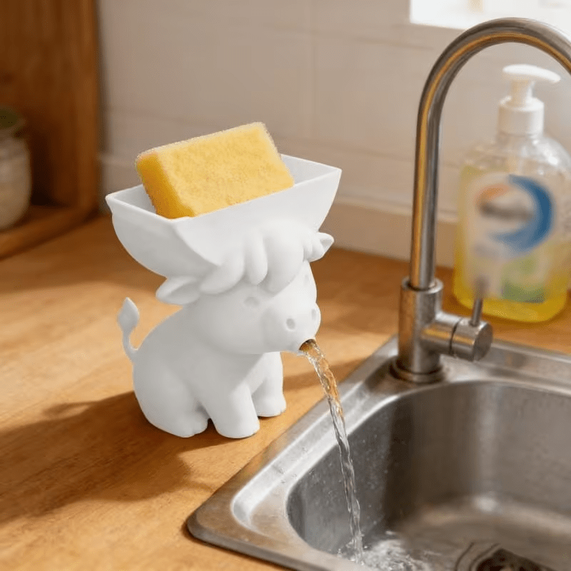 Cute Cow Sponge Holder, Kitchen Sink Organizer With Drain Spout, Animal Shaped Sponge Storage Rack For Countertop photo 6