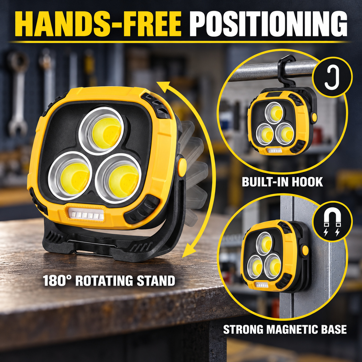 Rechargeable Magnetic Battery Display Type C LED Work Light Base Hanging W891 2 Hook Flood photo 5