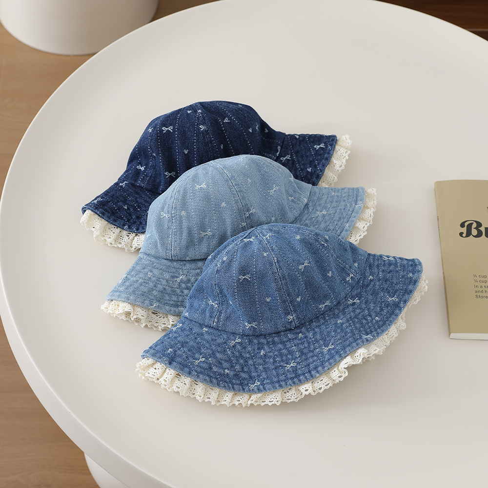 Children's Sweet And Cute Lace Edge Wide-brimmed Fisherman Hat With Washable Jacquard Butterfly Knot Heart Bucket Style Hat photo 6