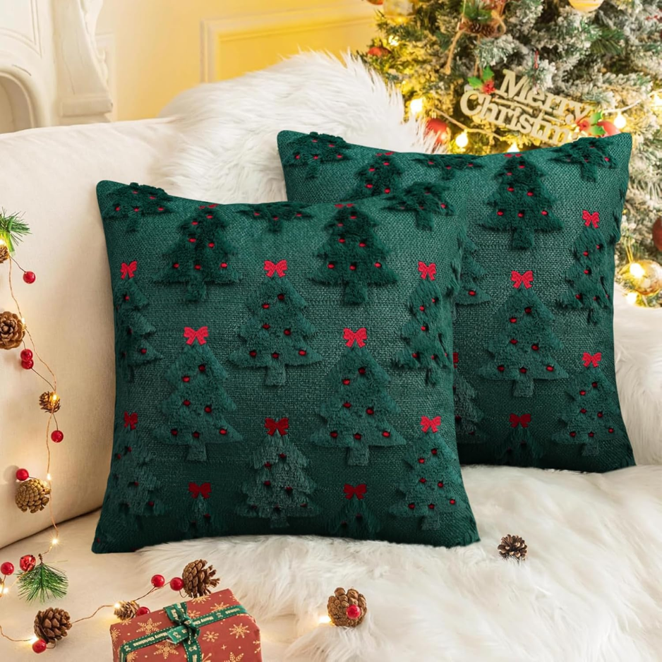 2Pcs Christmas Pillow Covers 18x18, 3D Jacquard Faux Fur Decor photo 1