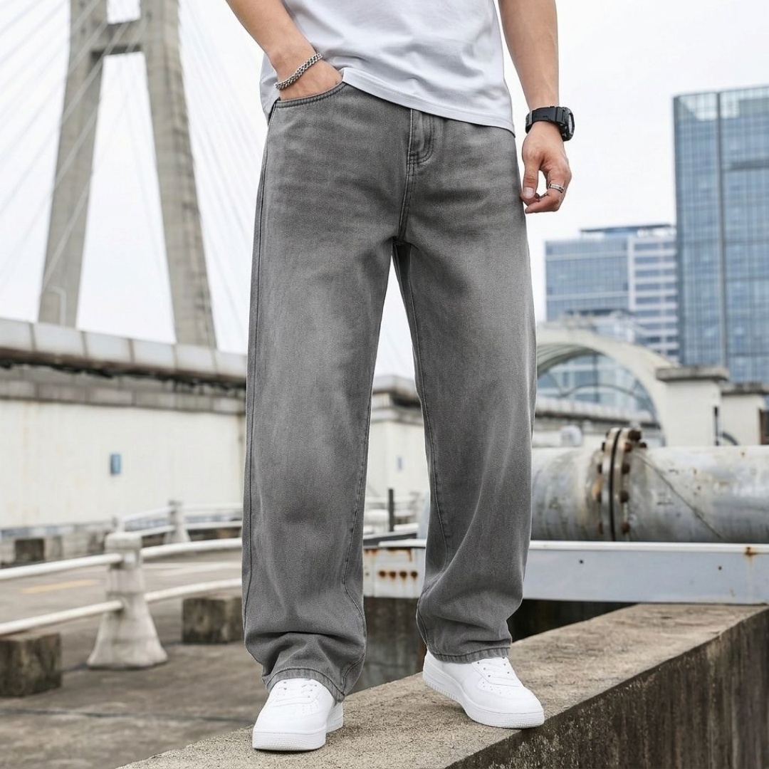 Washed Grey Jeans Men Loose Fit Denim Pants Casual Streetwear Oversized Plus Size Big Size Ready Stock photo 7