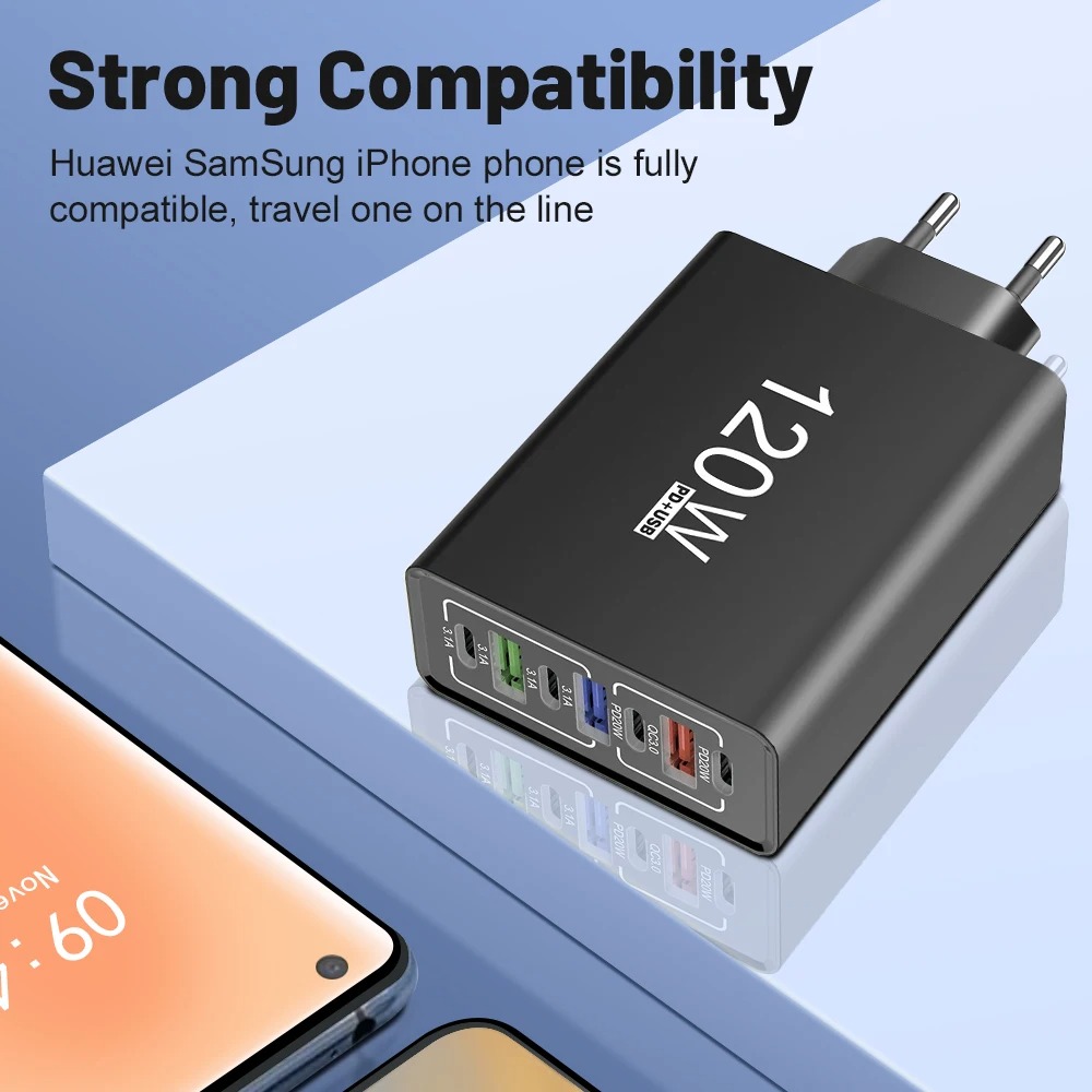 USB-C Charger, 120W Total Power, Multi-port Fast Charging, Type-C Interface, Compatible With IPhone, Samsung, Huawei, And Other Mobile Phones, European Standard Plug, Wall Charger. photo 3
