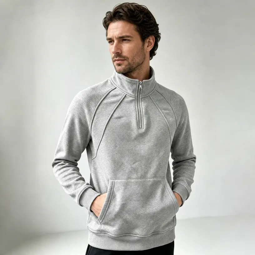 New Men's Fleece Zip Sweatshirt, Loose Stand Collar Sports Casual Outerwear photo 4