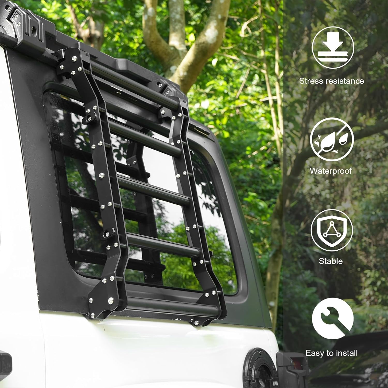 Rear Window Ladder Compatible With 2018-2025 Je Ep Wrangler JL JLU 2 Door 4 Door, Heavy Duty Aluminum Alloy Roof Access Ladder Rack, 200LBS Load Capacity Multifunctional Flank Luggage Ladder Kit photo 7