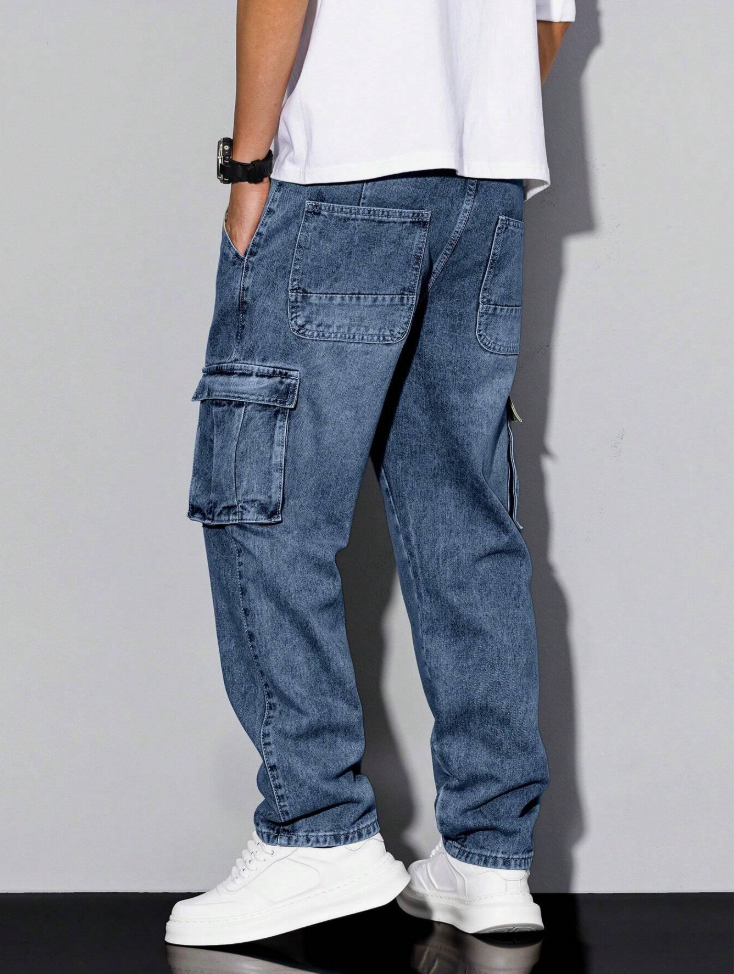 Men's Loose Fit Cargo Denim Jeans Multi Pocket Utility Pants US Ready Stock photo 2
