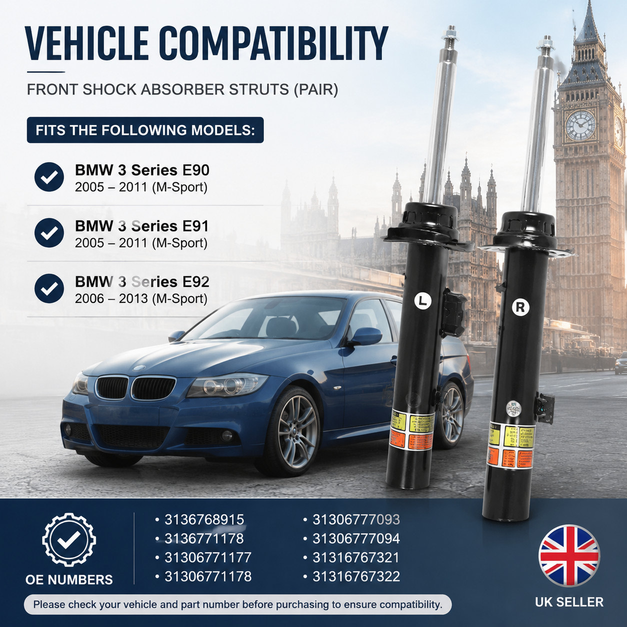 Pair Front Suspension Strut Shock Absorber Fits BMW E90 E91 E92 M-Sport photo 1