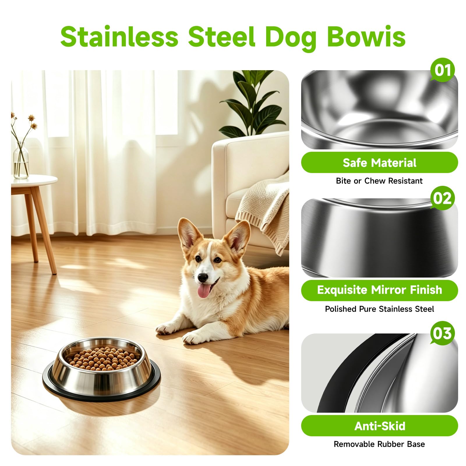 Stainless Steel Dog Bowls, 3 Pack, Non-Slip Dog Bowl Set, 13 Oz Dog Food Bowl, Dog Bowl No Spill, Dog Food And Water Bowl Set, Water Bowl, Dog Dish, Pet Food Bowls, No Tip Dog Bowls photo 3
