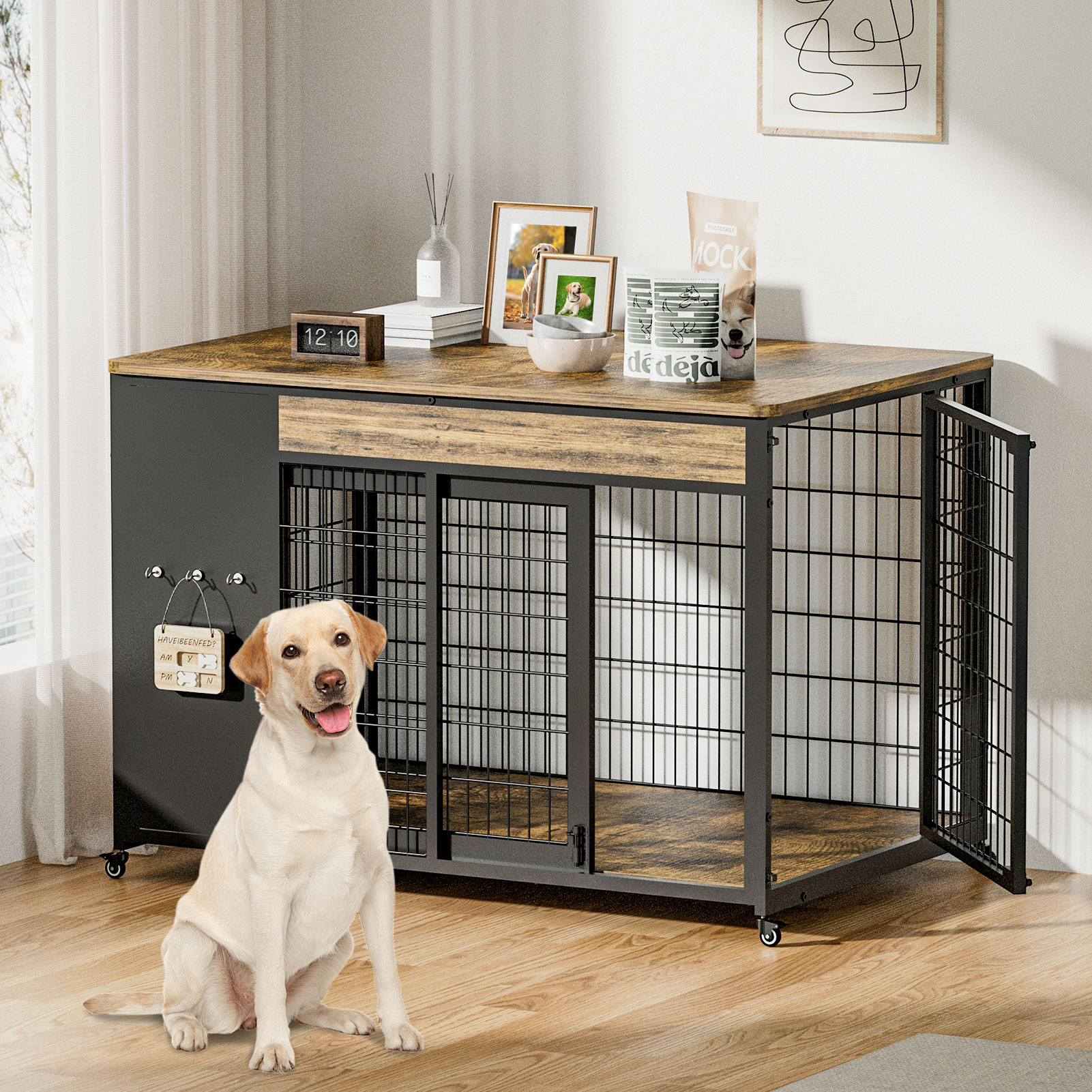 42-Inch Double Wide Wooden Double-Door Dog Crate Side Table Combo - Heavy-Duty DIY Assembly, Chew-Resistant Construction, Indoor Living Room Functional Home Decor Furniture For Large Breeds photo 2