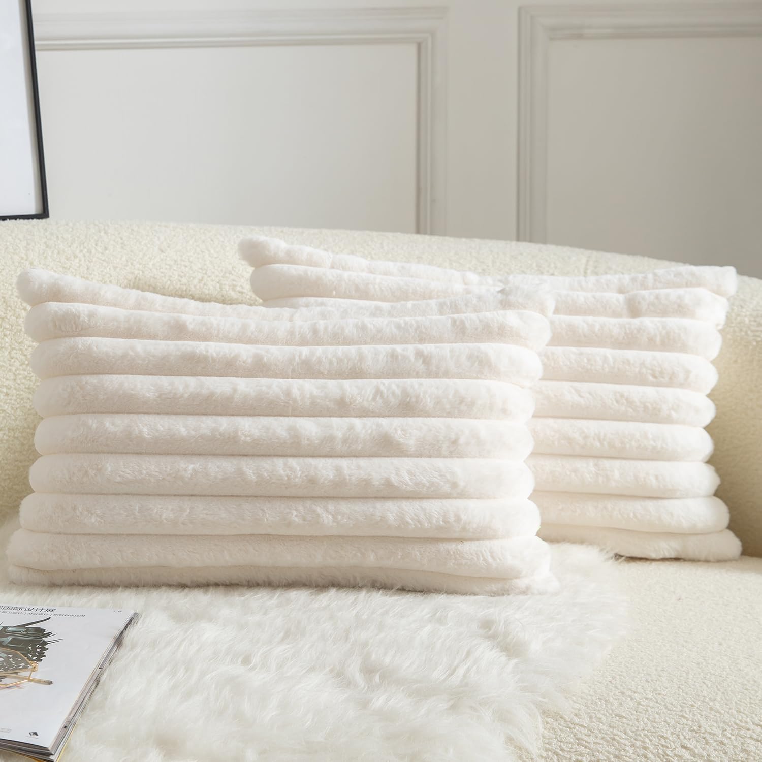 Cream Faux Fur Throw Pillow Covers 2 Units, Striped Plush Cushion Cases 12x20 Inch For Bedroom Living Room Sofa Decor photo 1