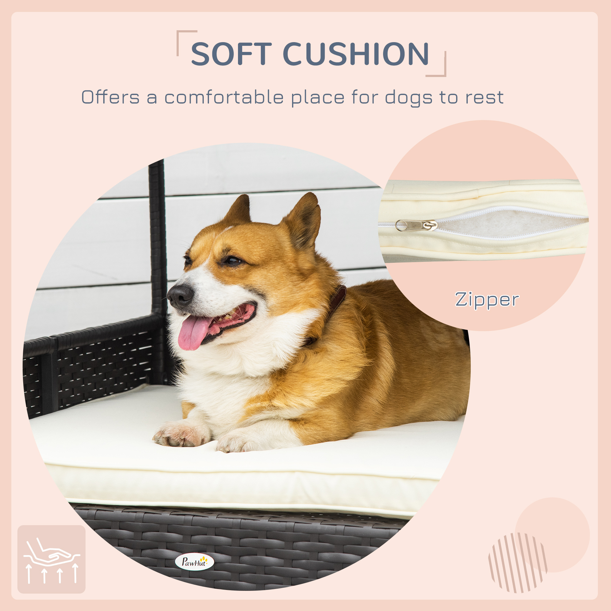 Wicker Dog House, Rattan Pet Bed, With Removable Cushion, Canopy, For Small And Medium Dogs - Cream photo 7