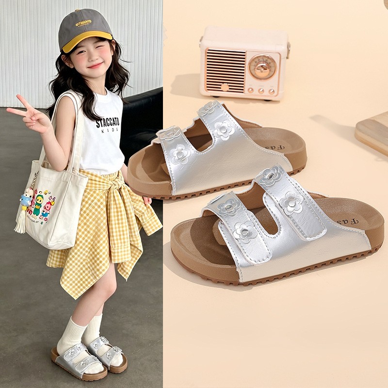 2026 New Girls Floral Rhinestone Slide Slippers, Adjustable Strap Soft Sole Non-slip Kids One-Strap Slides For Outdoor Summer Wear photo 1