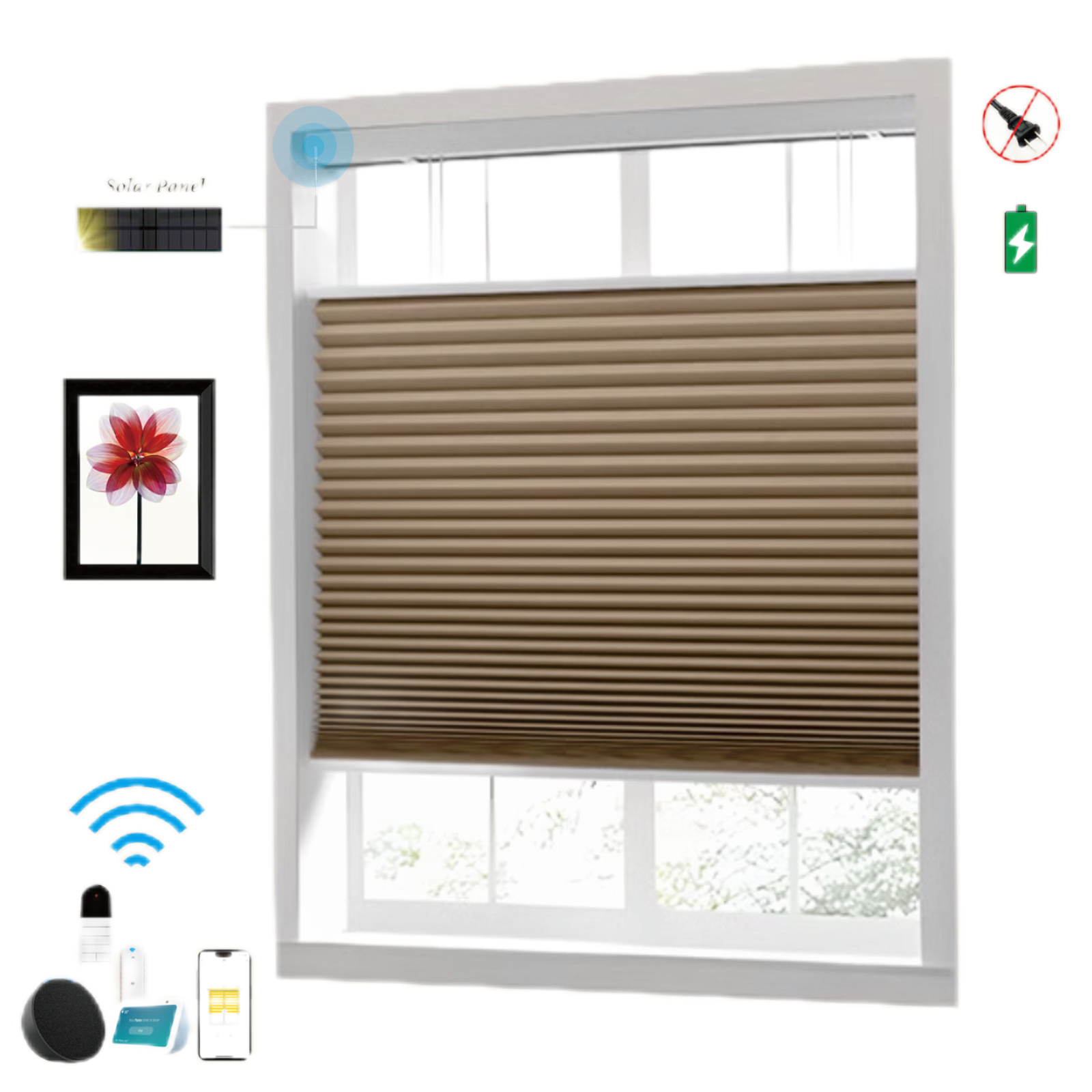 Raised Flag Day-Night Shade With Remote Control And Solar Panel-Full Blackout Motorized Shades For Home And Office-Cordless Organ Shade-Cordless Cellular Shade-Khaki photo 6