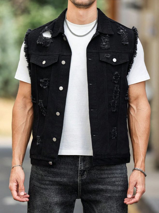 Black Distressed Denim Vest Men Ripped Frayed Sleeveless Jean Jacket Streetwear US Warehouse photo 7