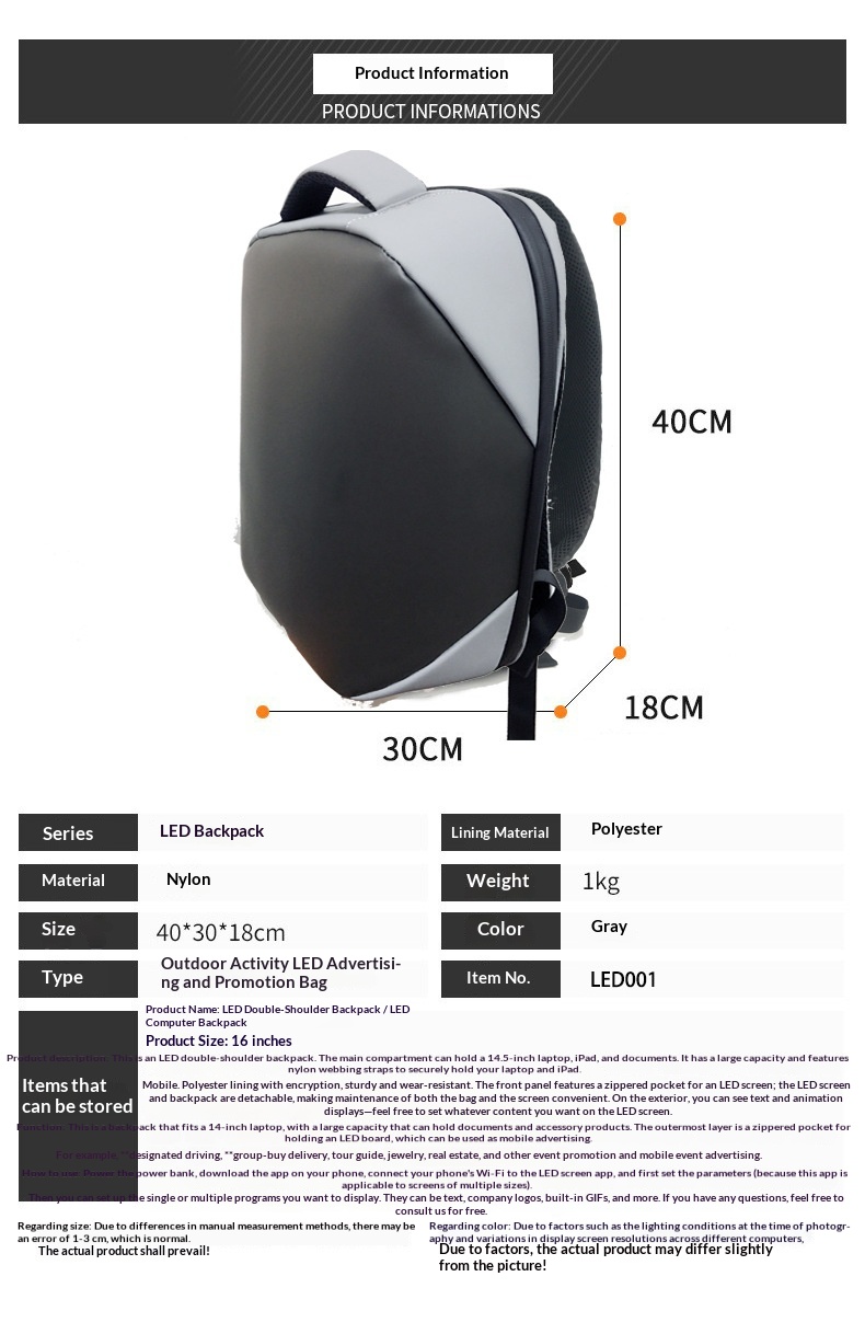 Regular LED Backpack Cycling Double Bag DIY Text Animation Polyester Material Hot Sale - Rose Red Bluetooth photo 4