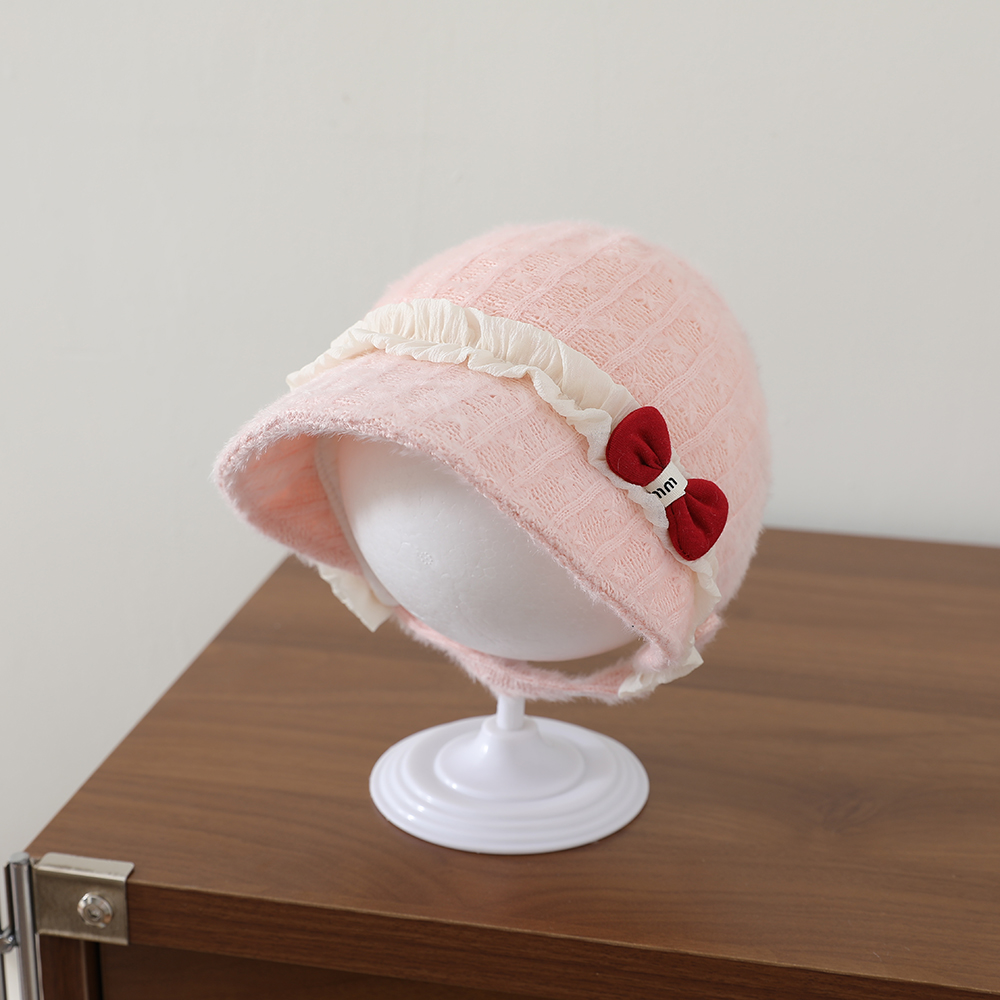 Sweet Style Children's Plush Beanie With Soft Wooden Earflaps And Pleated Edges, Red Bow Knitted Hat, Warm Fishing Hat photo 4