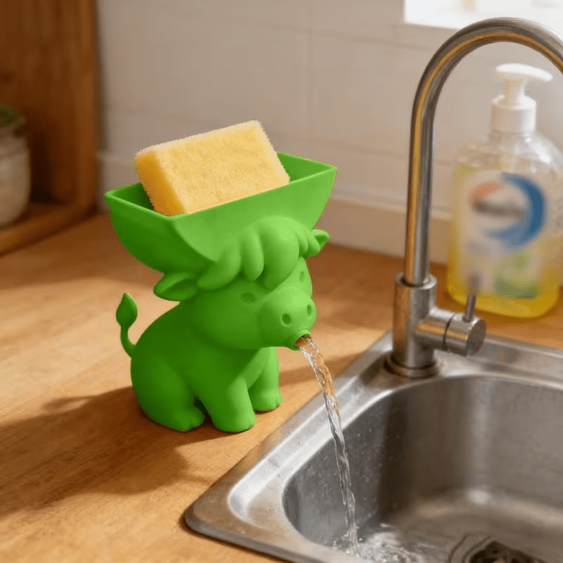 Cute Cow Sponge Holder, Kitchen Sink Organizer With Drain Spout, Animal Shaped Sponge Storage Rack For Countertop photo 6