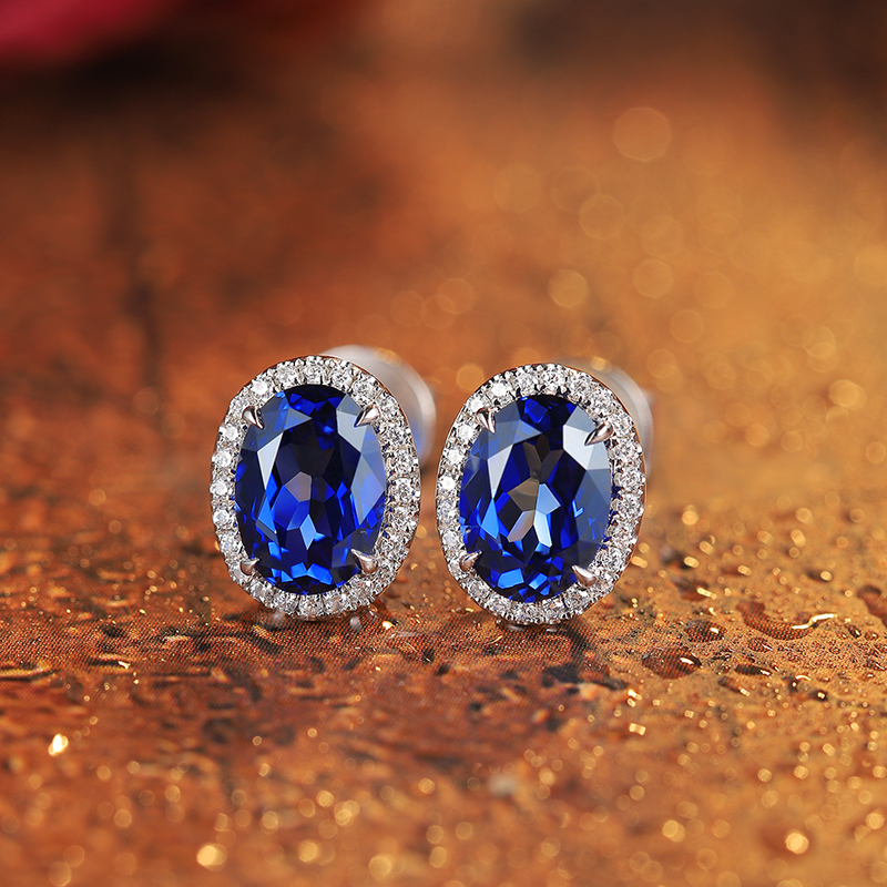 S925 Silver 1.9g Lab-Created Ruby Sapphire Earrings, 7x5mm Halo Studs, 2 Colors photo 2