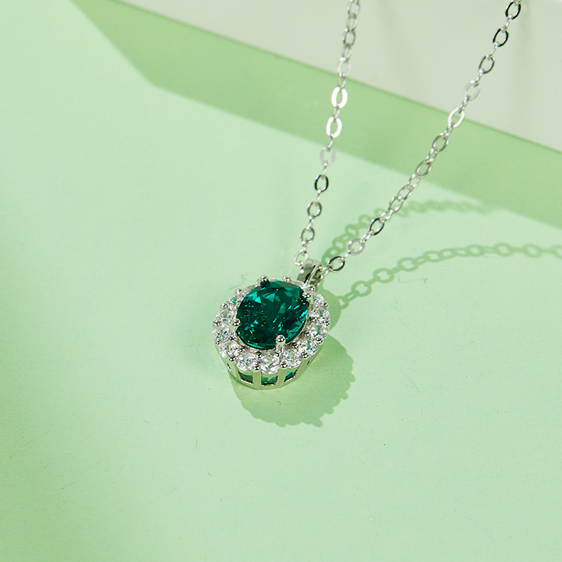 S925 Silver 2.9g 1ct Lab-Created Emerald Halo Necklace, 40&5cm Adjustable photo 2