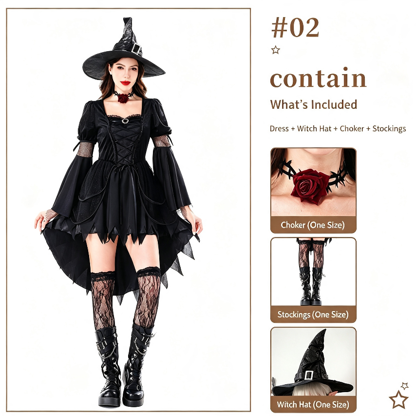 Women Gothic Witch Halloween Costume, Black Irregular Hem Witch Dress With Witch Hat, Dark Forest Sorceress Cosplay Outfit For Halloween Party Stage Performance photo 3
